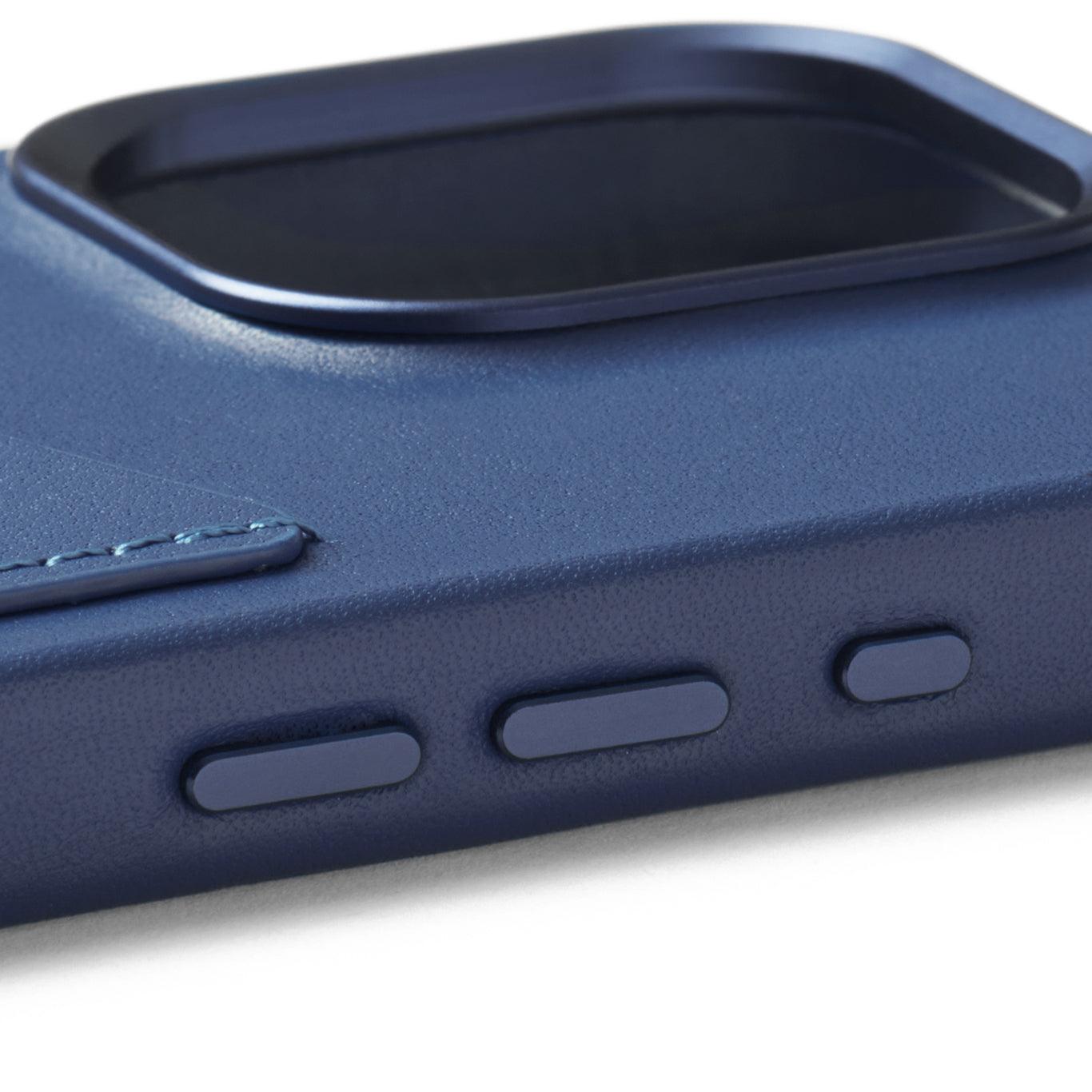 Mujjo Full Leather Wallet Case for iPhone 15 Pro, Monaco Blue, side buttons