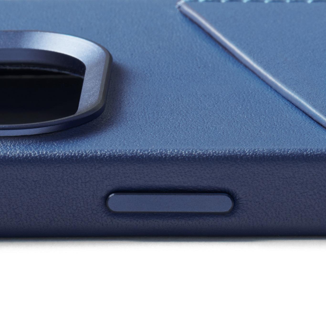 Mujjo Full Leather Wallet Case for iPhone 15 Pro, Monaco Blue, side buttons