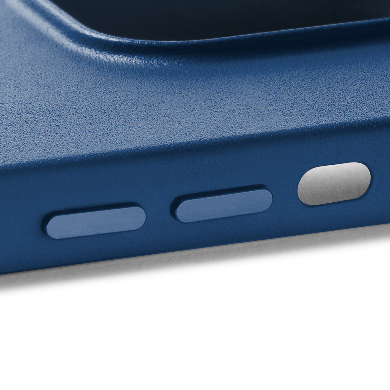 Mujjo Full Leather Case for iPhone 14, Monaco Blue, side buttons