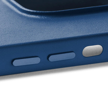 Mujjo Full Leather Case for iPhone 14, Monaco Blue, side buttons