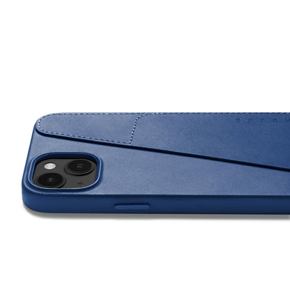 Mujjo Full Leather Wallet Case for iPhone 14 Plus, Monaco Blue, side button