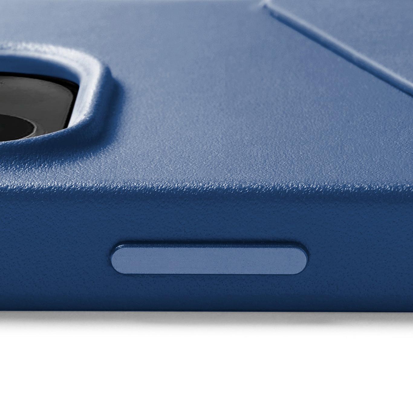 Mujjo Full Leather Wallet Case for iPhone 14 Plus, Monaco Blue, side button
