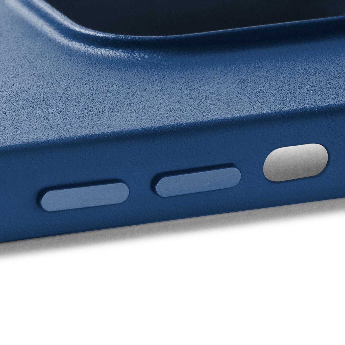 Mujjo Full Leather Case for iPhone 14 Pro Max, Monaco Blue, side buttons