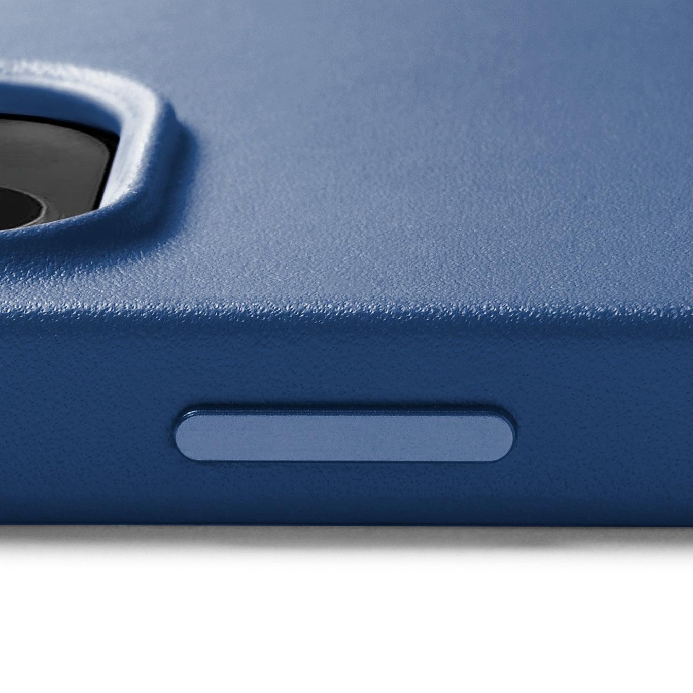 Mujjo Full Leather Case for iPhone 14 Pro Max, Monaco Blue, side button