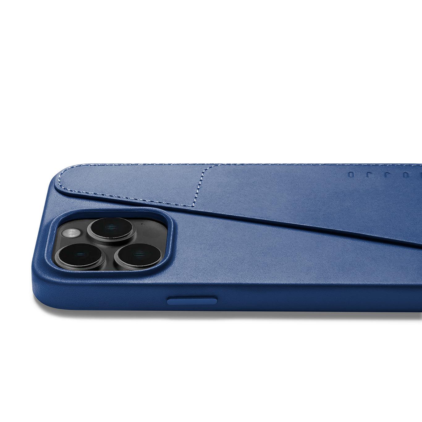 Mujjo Full Leather Wallet Case for iPhone 14 Pro Max, Monaco Blue, side button
