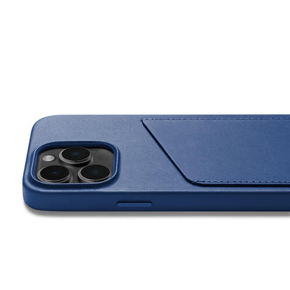 Mujjo Full Leather Wallet Case for iPhone 14 Pro, Monaco Blue, side button