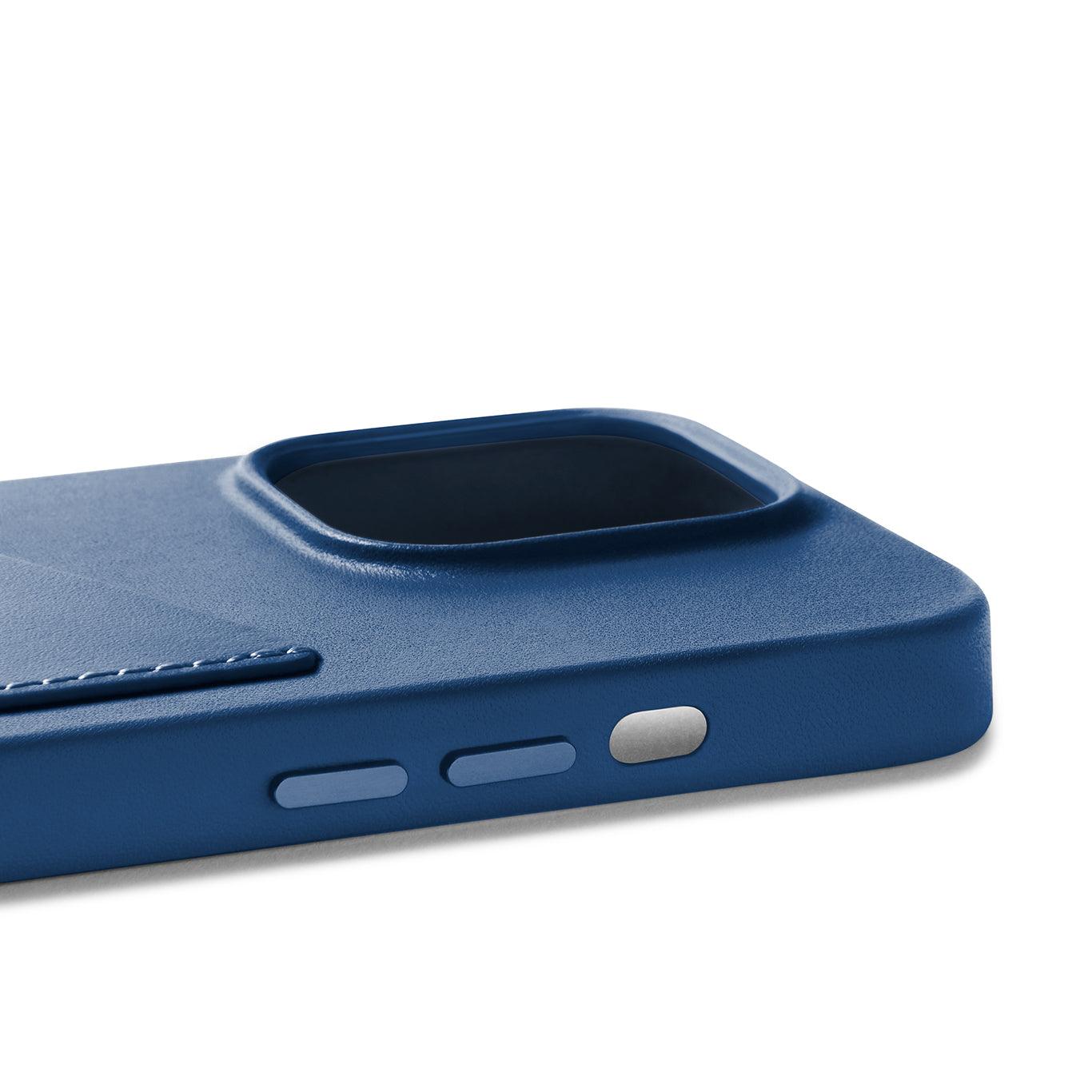 Mujjo Full Leather Wallet Case for iPhone 14 Pro, Monaco Blue, side buttons