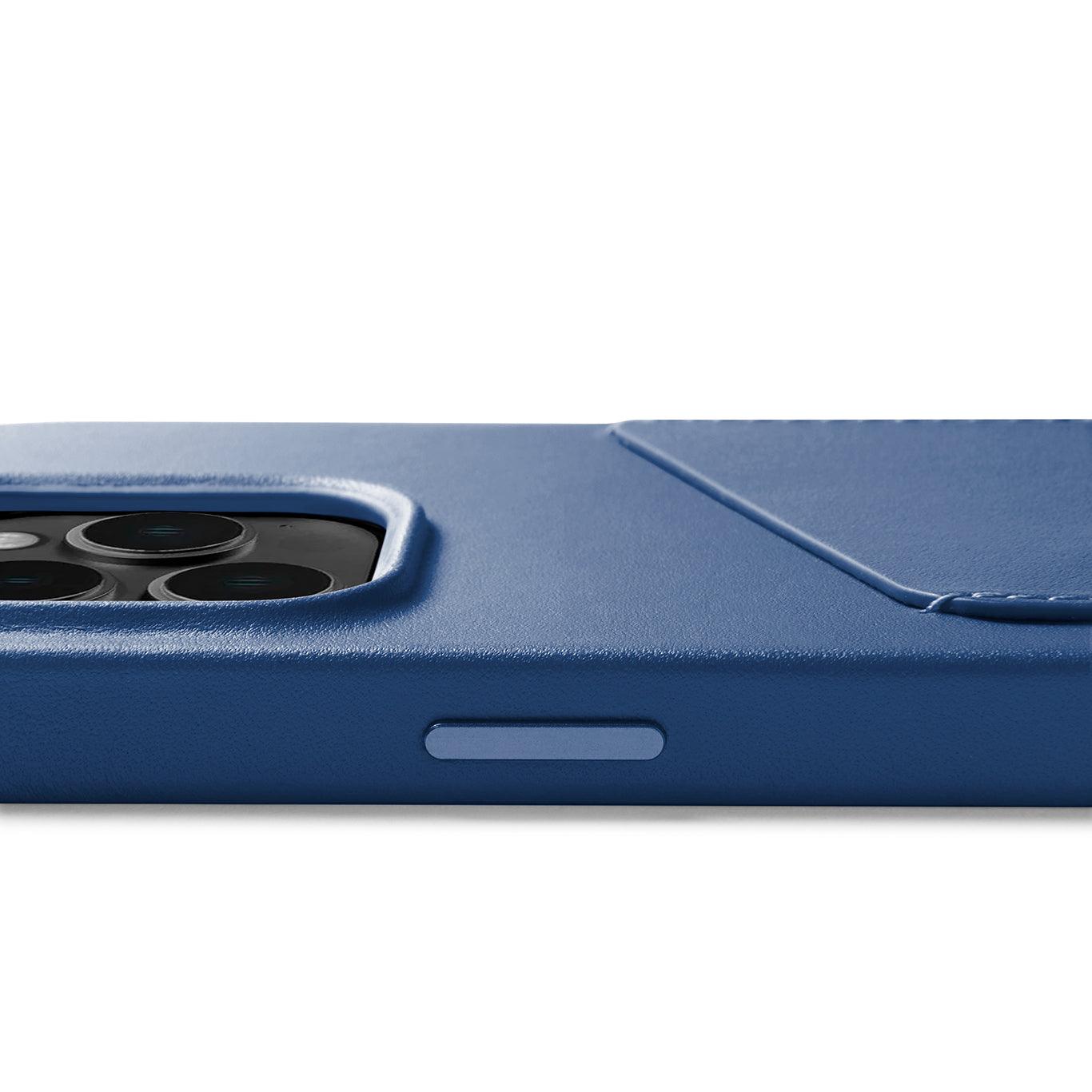 Mujjo Full Leather Wallet Case for iPhone 14 Pro, Monaco Blue, side button