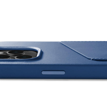 Mujjo Full Leather Wallet Case for iPhone 14 Pro, Monaco Blue, side button