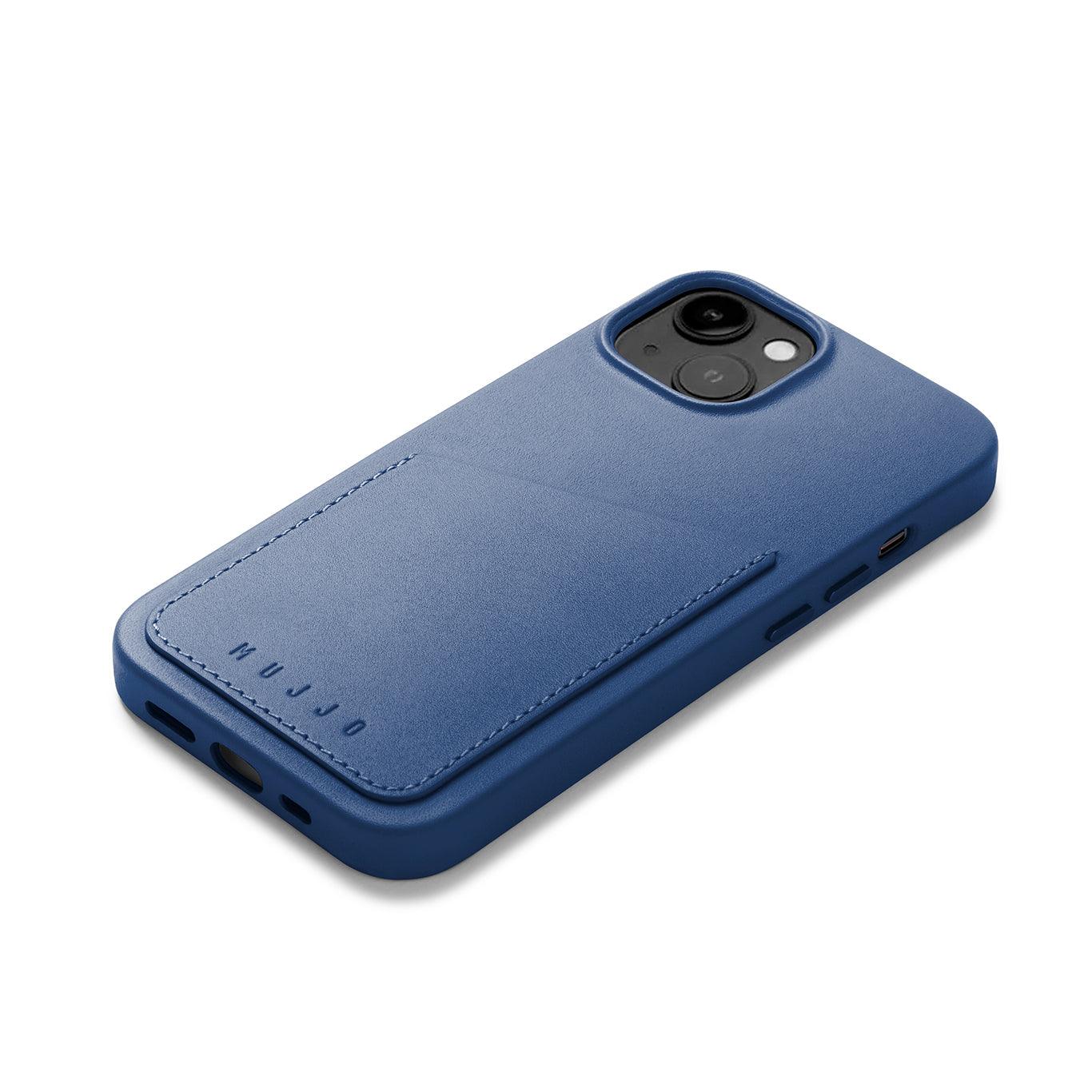Mujjo Full Leather Wallet Case for iPhone 14, Monaco Blue