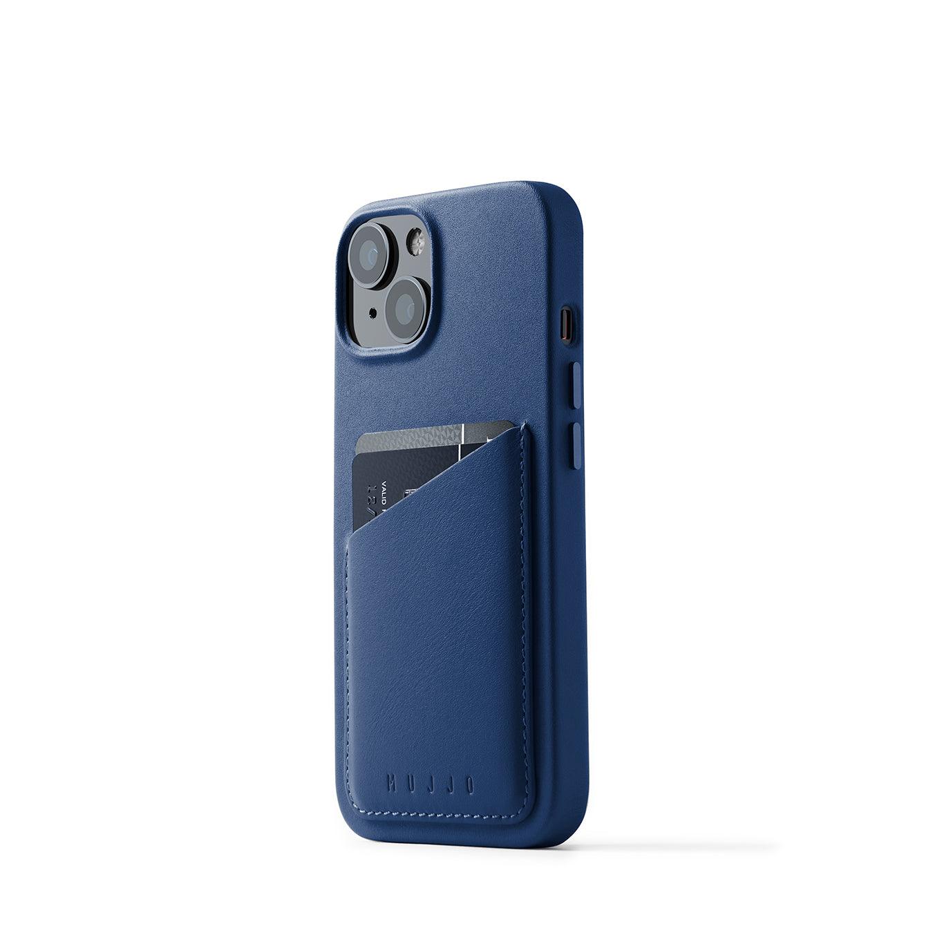 Mujjo Full Leather Wallet Case for iPhone 14, Monaco Blue