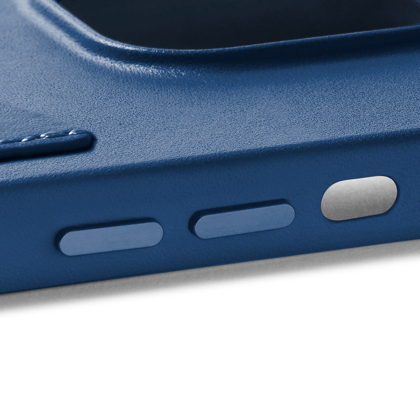 Mujjo Full Leather Wallet Case for iPhone 14, Monaco Blue, side buttons