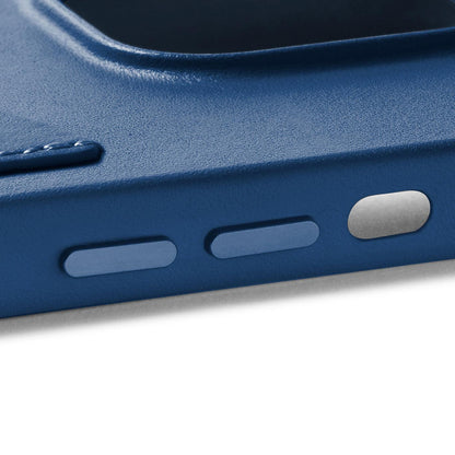 Mujjo Full Leather Wallet Case for iPhone 14, Monaco Blue, side buttons