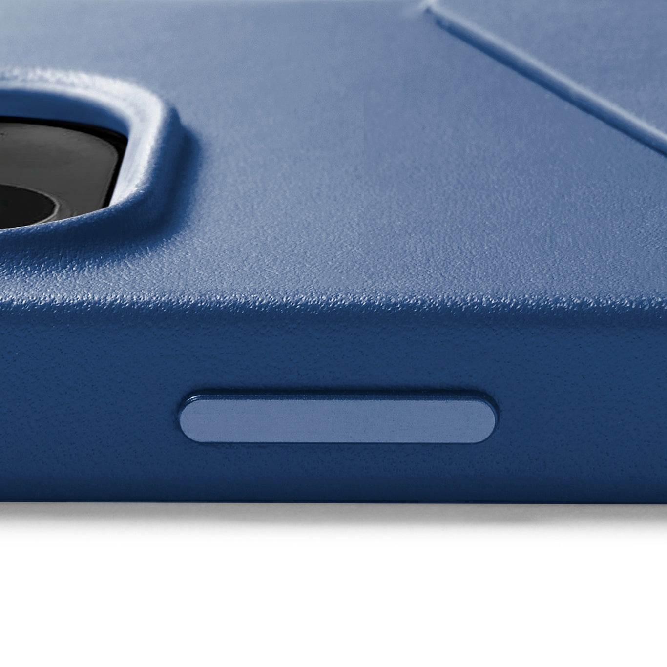 Mujjo Full Leather Wallet Case for iPhone 14, Monaco Blue, side button
