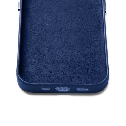 Mujjo Full Leather Wallet Case for iPhone 14, Monaco Blue