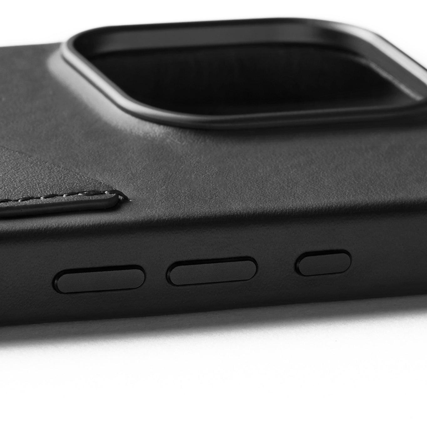 Mujjo Full Leather Wallet Case for iPhone 16 Pro, Black, side buttons