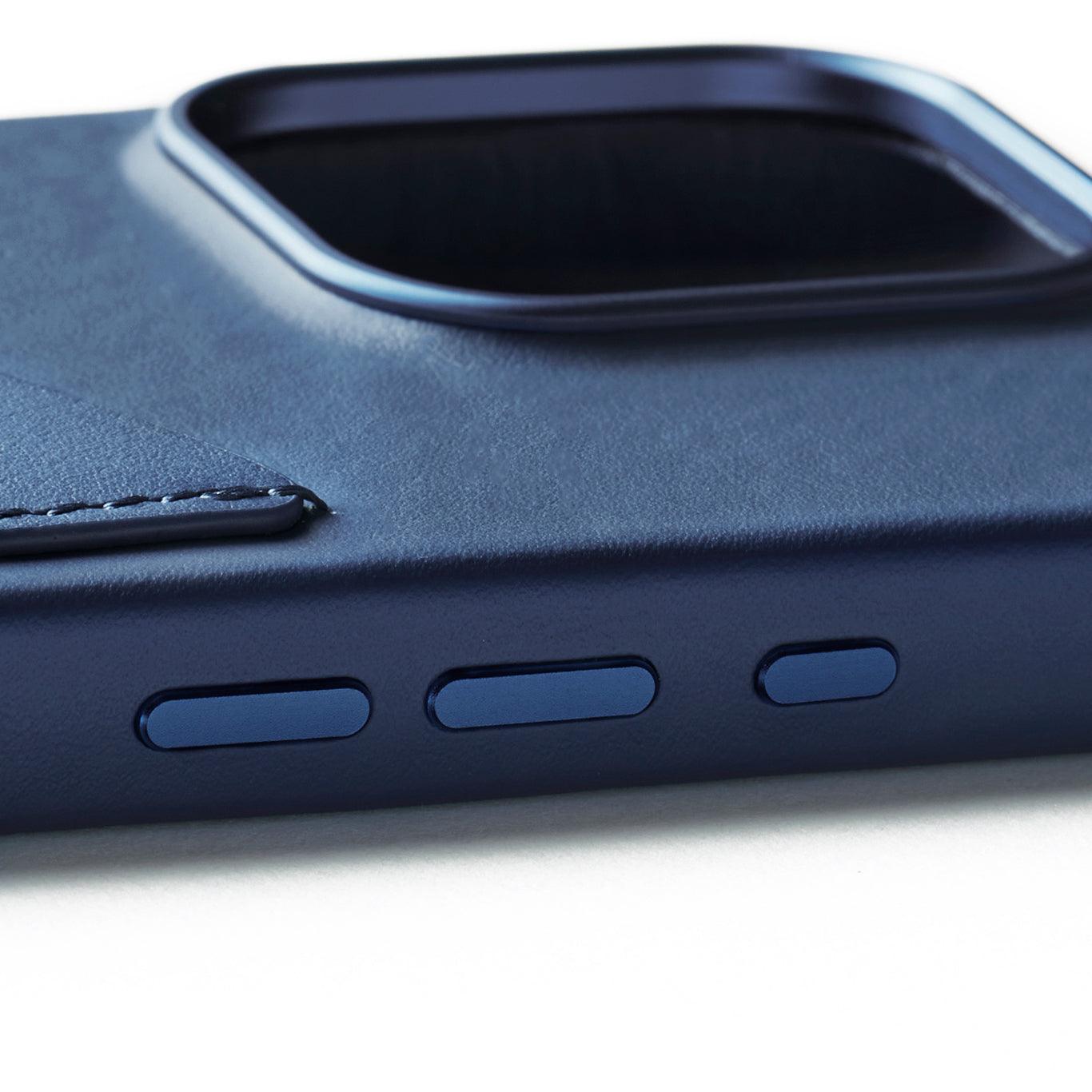 Mujjo Full Leather Wallet Case for iPhone 16 Pro, Monaco Blue, side buttons