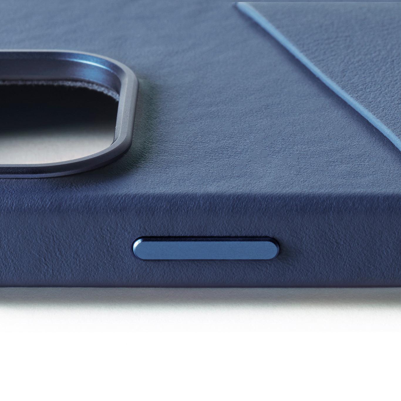 Mujjo Full Leather Wallet Case for iPhone 16 Pro, Monaco Blue, side button
