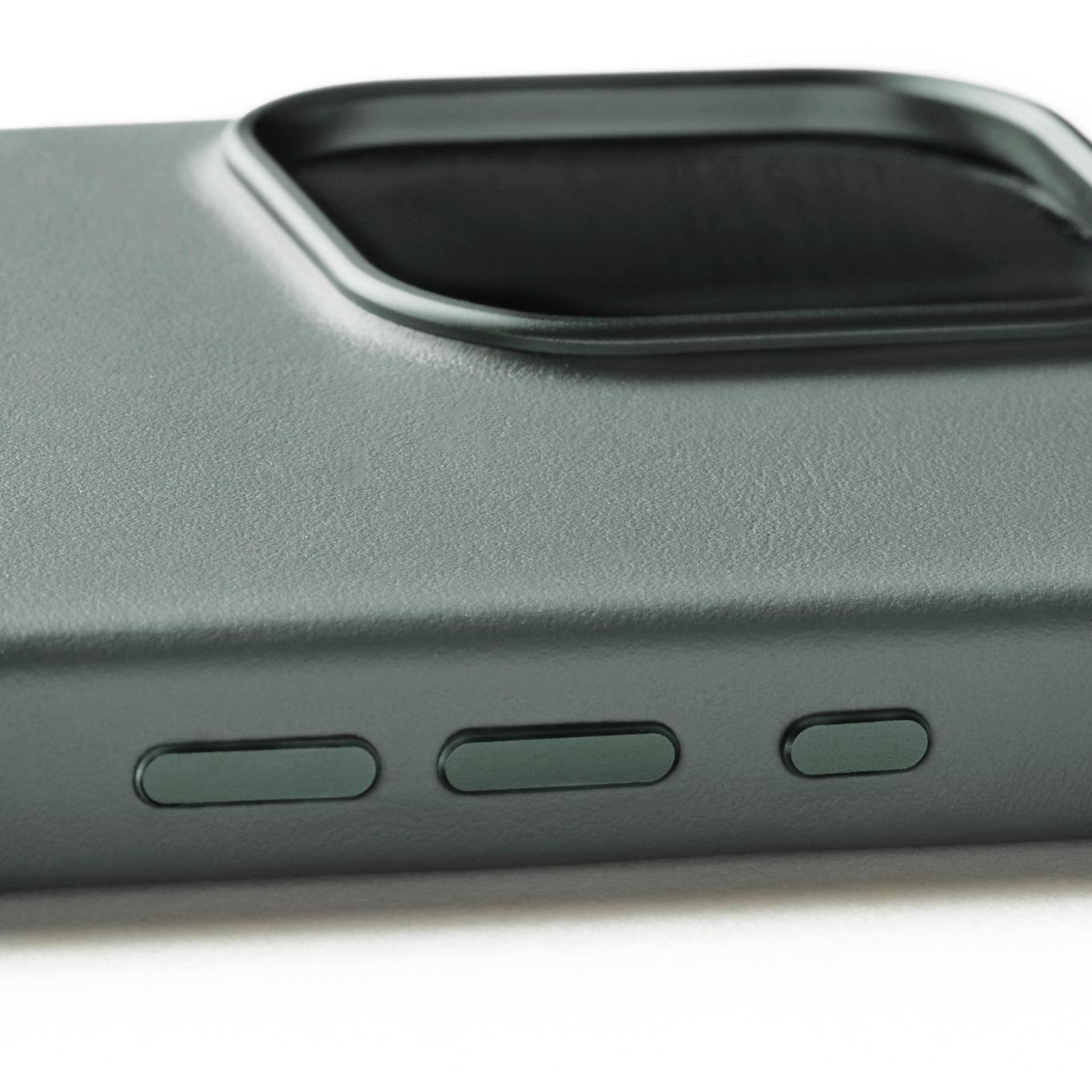 Full Leather Case for iPhone 16 Pro Max, Green Smoke, side buttons